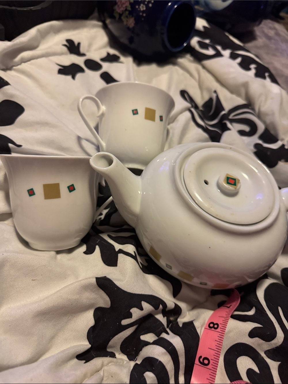 Liz Claiborne “Delights White Ceramic Tea Set with Gold and Green Square Accents